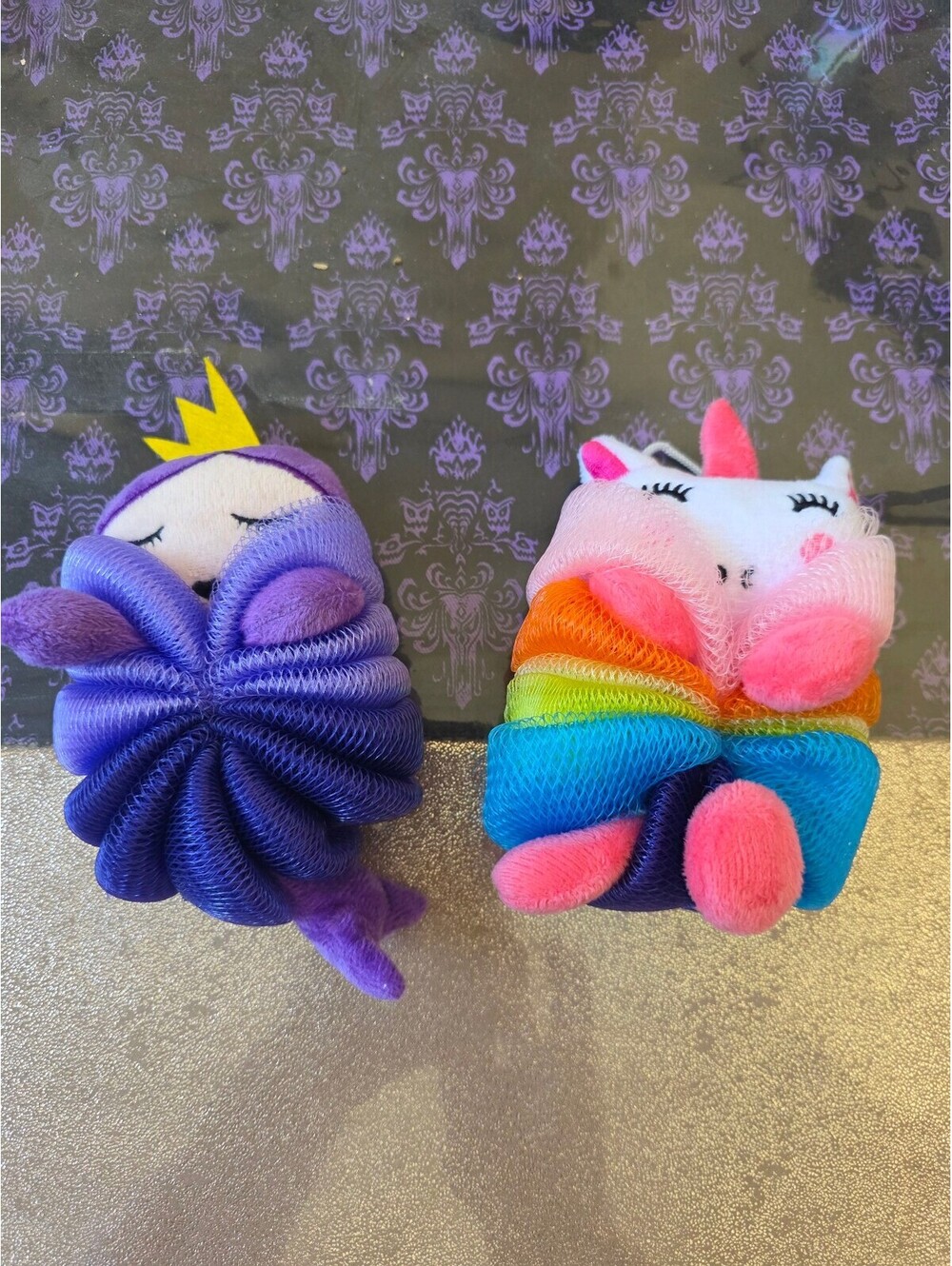 Set of 2 Plush Character Bath Sponges - Purple Princess and Rainbow Unicorn